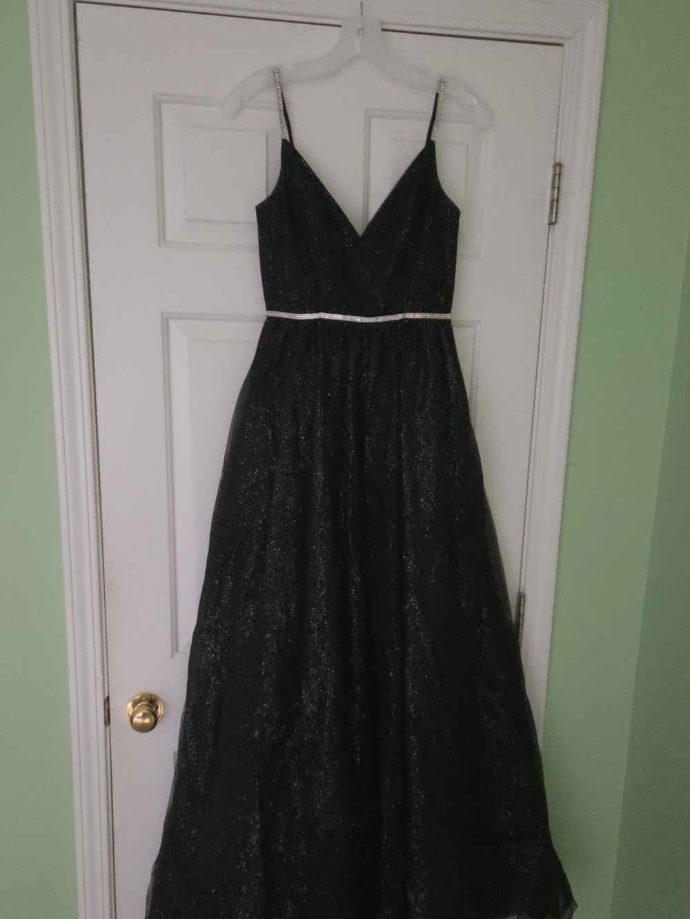 Black Sparkle V-Neck Prom Gown with Rhinestone Waistband
